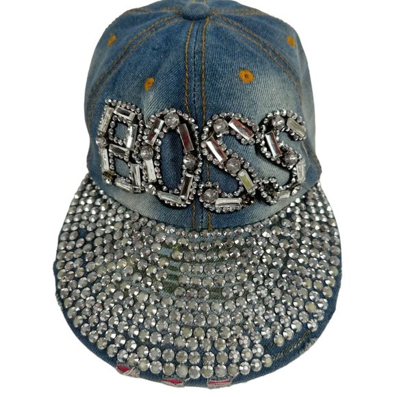 Womens Boss Hat Blue Denim Rhinestones Bling Cap One Size Adjustable Magid Hats - Picture 2 of 11